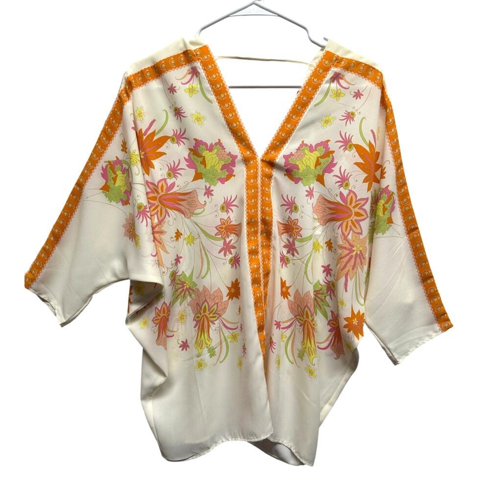 NWOT ROSE + OLIVE dolman kimono semi sheer double V neck blouse floral medium